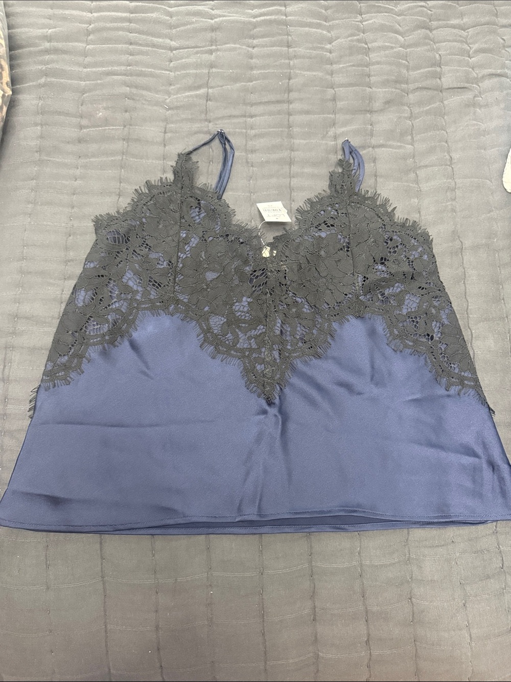 NWT LOFT Lace Trim Satin Cami Tank Top - Navy with Black Lace